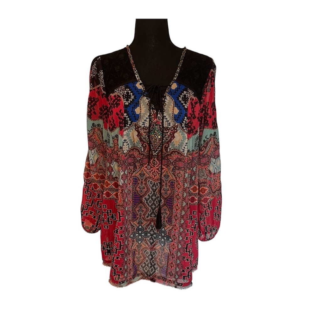 V Cristina Sz M Tunic Boho Asian Inspired Beaded Southwestern V Neck Long Sleeve